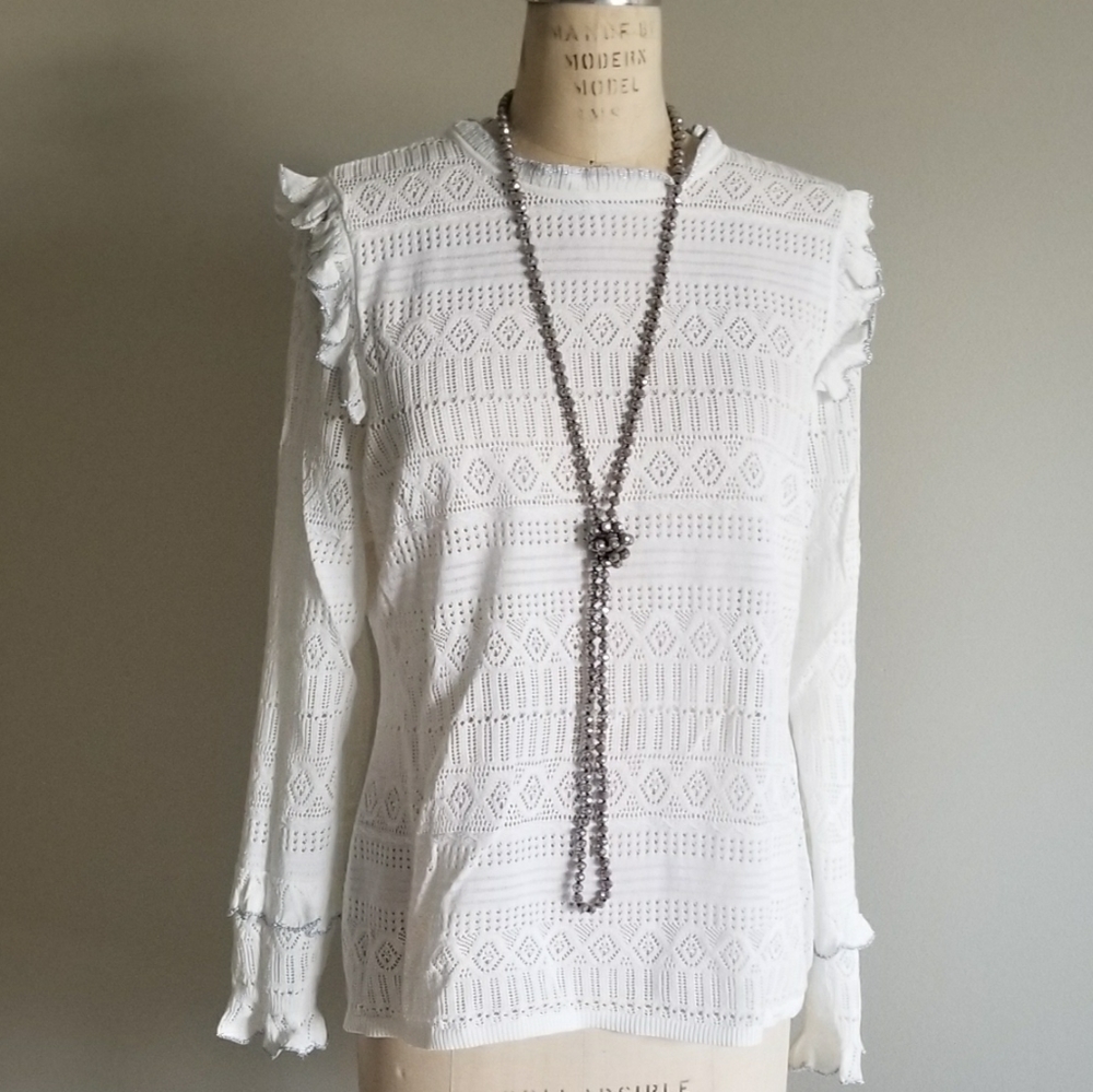 INC white pointelle sweater with ruffle details